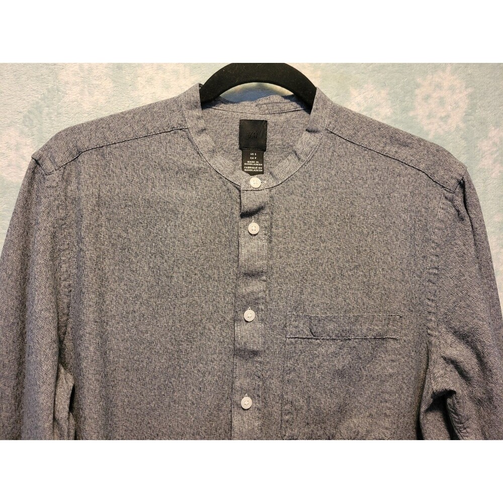 H&M Men’s Small Grey Solid Long Sleeve Button-Up Band Collar Regular Fit Shirt